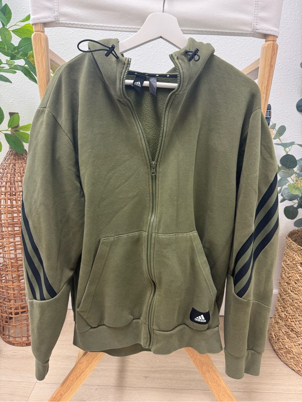 Adidas Future Icons H21553 Full Zip Hoodie Men’s Large Olive Green 3 Stripe